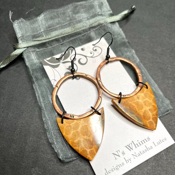 Handmade Indonesian Fossil Coral Earrings Brown Bronze Color Dangle Pointed Hoop - Picture 1 of 10
